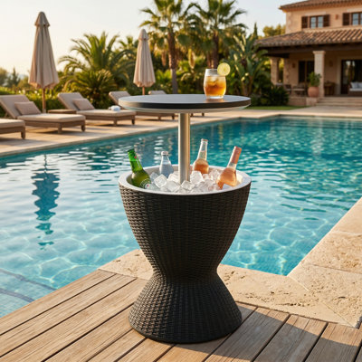 Table d'appoint d'extérieur 3-en-1 pour terrasse avec seau à glace, glacière escamotable de 8 gallons avec résistance aux rayons UV et aux intempéries pour la terrasse, la piscine et le camping