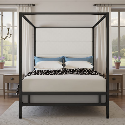  Metal Canopy Bed - Luxe 4-Poster Frame with Linen Upholstered Headboard