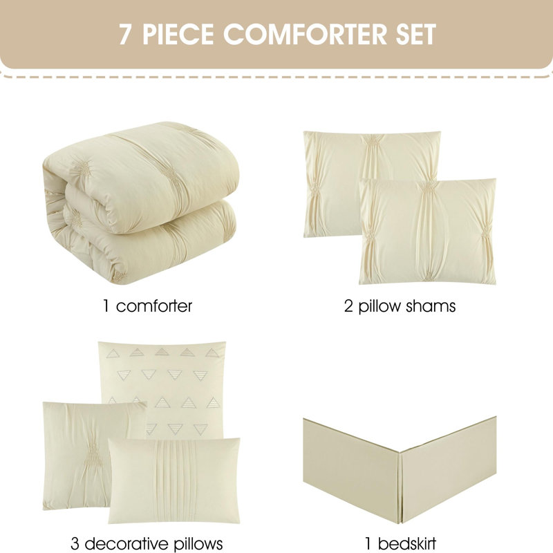Nargiz Polyester Comforter Set, Queen Comforter + 6 Additional Pieces, Beige