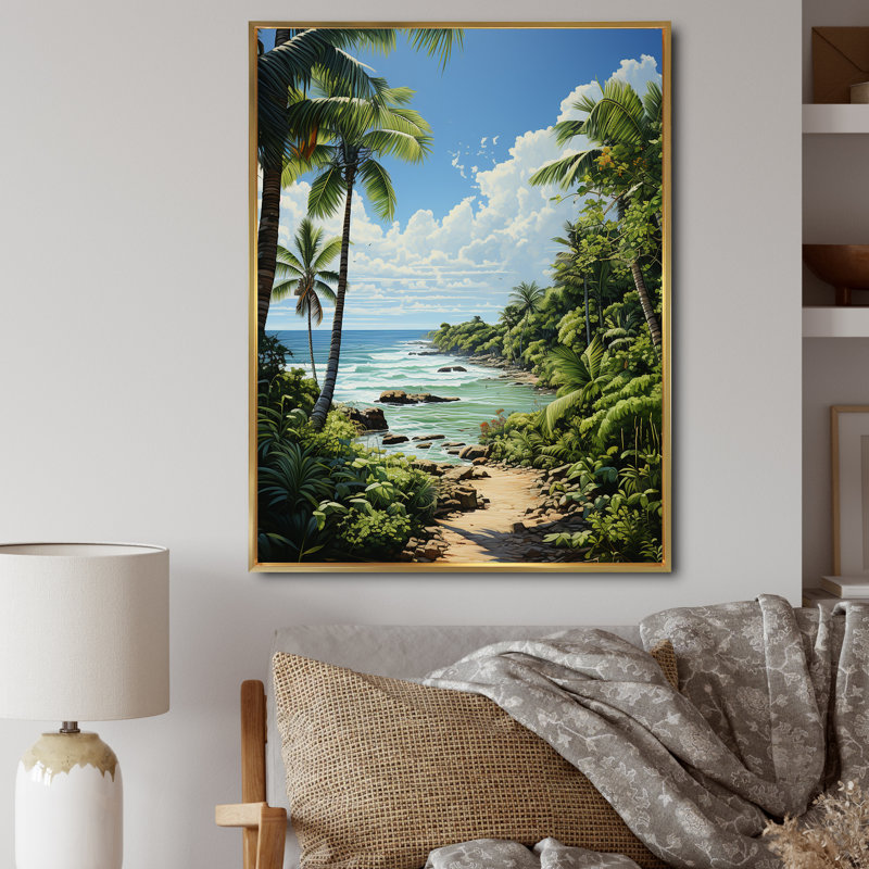 «Barok Palm Trees At The Beach III», reproduction d'art sur toile, H 32 po x l 24 po x P 1 po, Cadre flottant doré