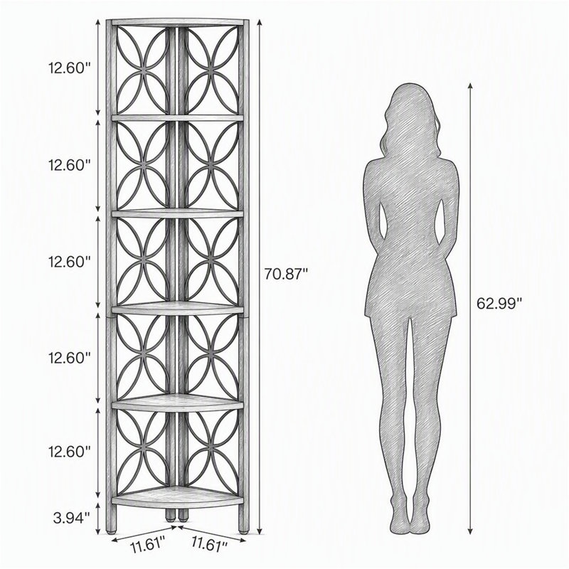 Étagère d'angle de 180 cm (70,8 po), tablette de coin à 6 niveaux avec rangement et présentoir