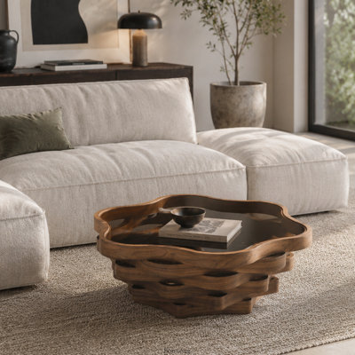Table basse irrégulière en forme de nuage de 91,5 cm (36,02 pouces) avec plateau en verre trempé et piètement en MDF multicouche ondulé