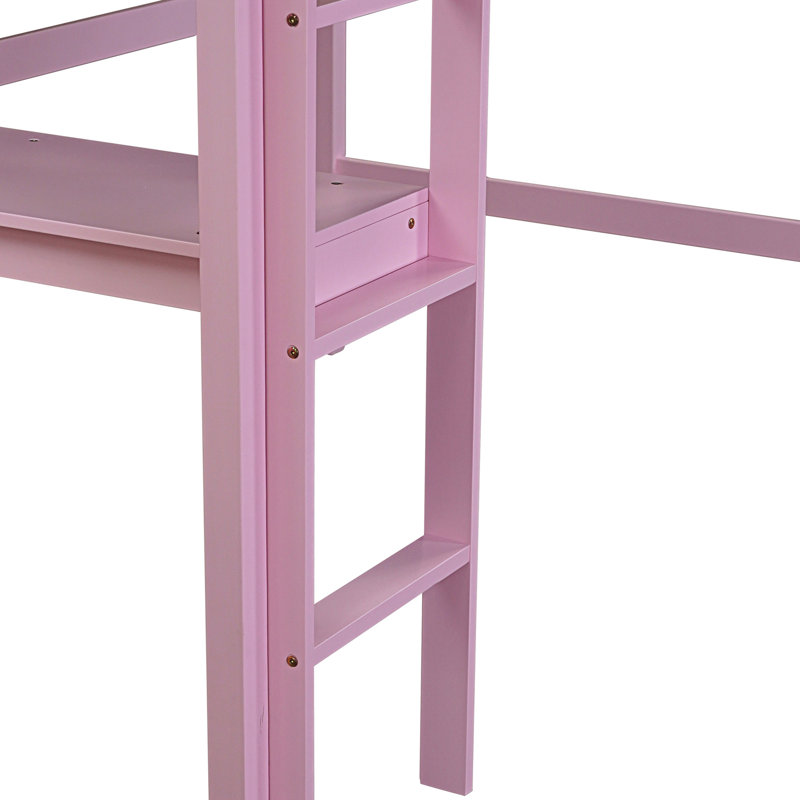 Twin High Loft Bed, Rubber Wood  Loft Bed With Safety Guardrail, Built-In Desk, Ladder,Pink, Pink