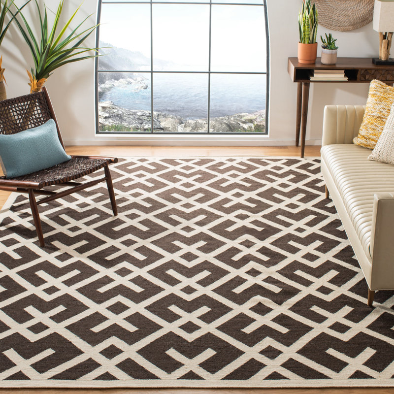 Tapis géométrique en laine / coton tissé à la main Fung en brun / ivoire, Rectangle 10 pi x 14 pi