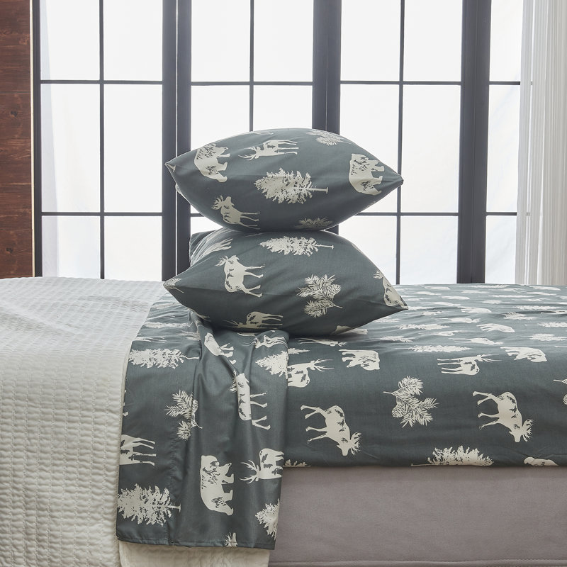 Ultra Soft Lodge Printed Microfiber Sheet Set, Twin, Forest Animal Dark Gray