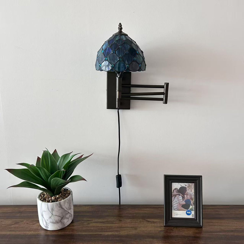 Tiffany Sconce Lamp Plug In Swing Arm Stained Glass Crystal Beans LED Bulb 13”W*8”D*15”H, Blue