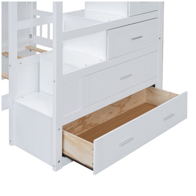 Lit superposé double au-dessus de simple avec garde-robe et tiroirs