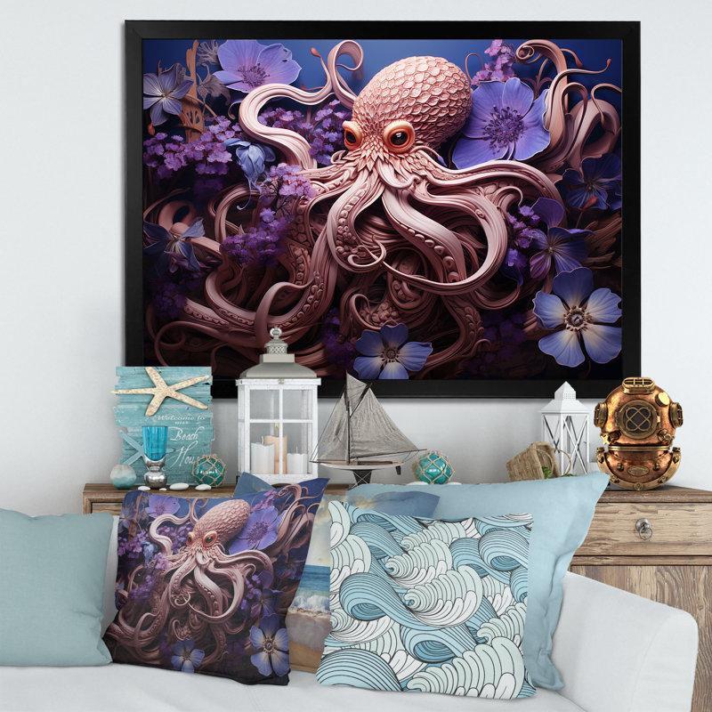 Mauve oasis de pieuvre II - art mural animaux côtiers, Cadre d'angle fermé noir, H 30 po x l 40 po x P 1,5 po