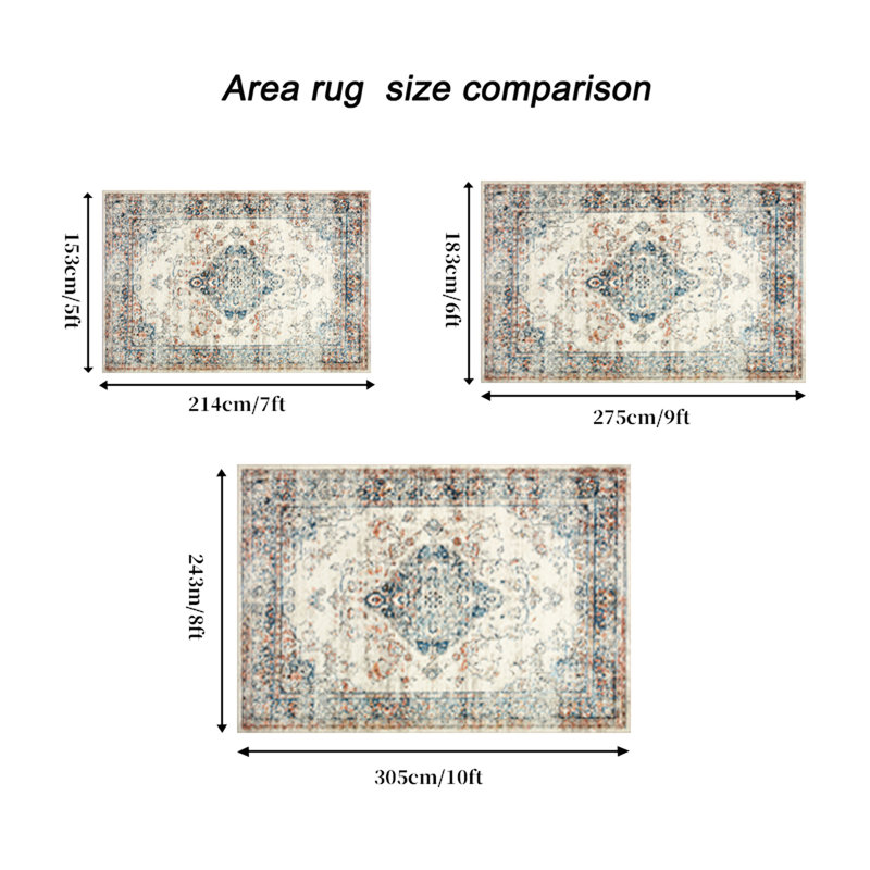 Non-slip Area Rug 8x10, Vintage , Machine Washable For Bedroom Living Room Kitchen, Antique Blue Floral Theme, Flowering Plant Theme