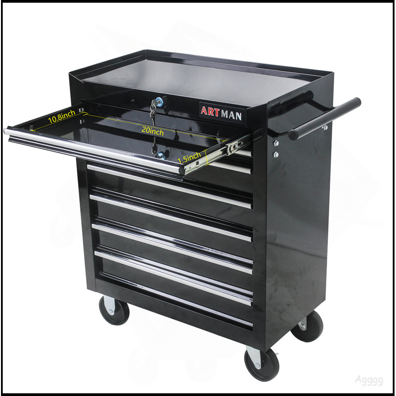 7 DRAWERS MULTIFUNCTIONAL TOOL CART WITH WHEELS-BLACK, Black