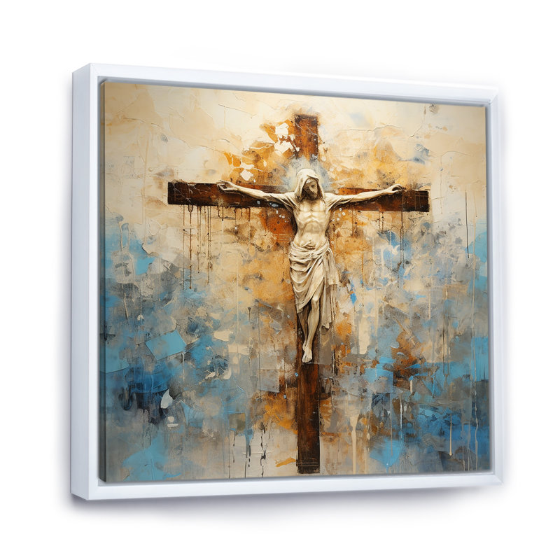 Minimalisme, croix religieuse de Jésus sur toile, H 16 po x l 16 po x P 1 po, Cadre flottant blanc