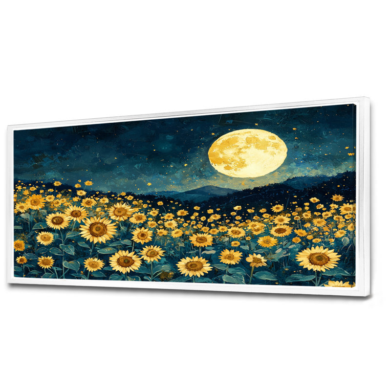 «Midnight Sunflowers» par Vincent II - art mural tournesols, H 28 po x l 60 po, Impression encadrée flottante, Blanc