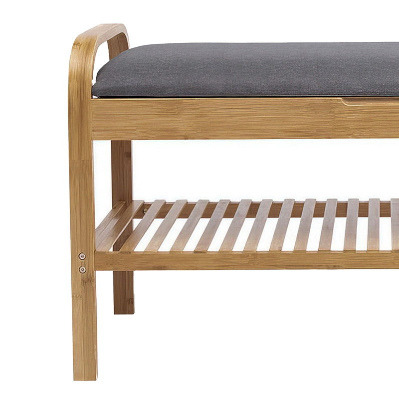 Banc de rangement pour chaussures Mindy, siège en polyester gris, bambou brun noyer, 36 pouces