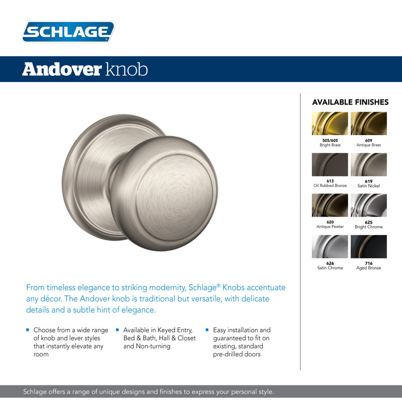 Andover Knob Bed and Bath Lock, Satin Nickel