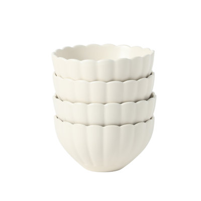 Gibson Elite Bistro Fleur Stoneware Cereal Bowls Set of 4, 5.5-Inch Scalloped Bowls with Reactive Glaze, Fluted Kitchen Bowls for Cereal, Soup, Salad, Rice and Dessert - White