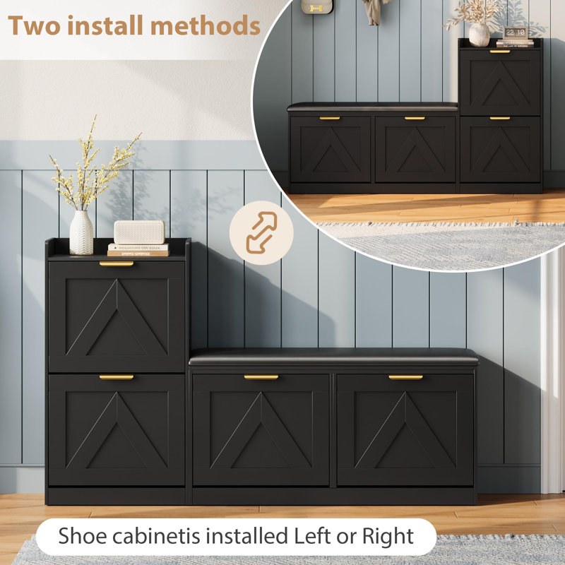 Shoe Cabinet with Bench, 4 Flip Drawers, Adjustable Left/Right Cushioned Seat & Removable Shelves, Black