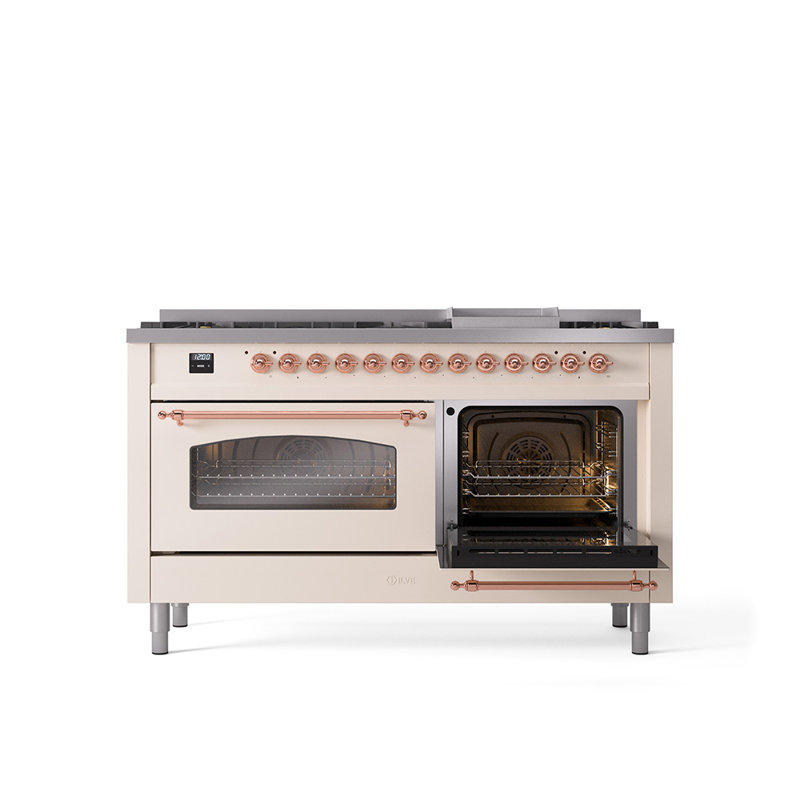 ILVE Nostalgie II 60 Dual Fuel Range, 9 Burners, Griddle, Natural Gas, Antique White/Copper