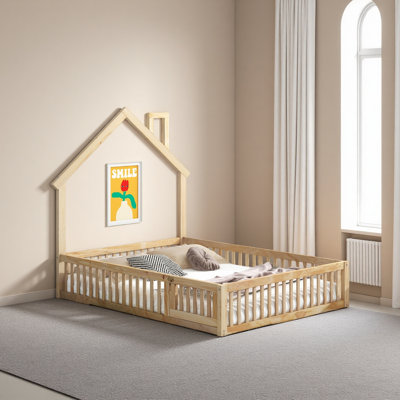 Wood Full Size House Platform Bed With Guardrail
