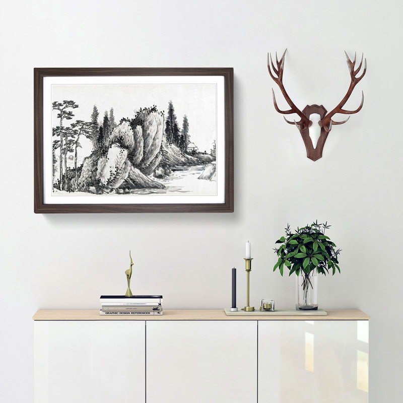 Landscape Vol.7 by Shen Zhou - Picture Frame Painting Print, 27cm H x 36cm W x 2cm D, Walnut Framed