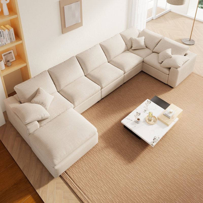152" U Shaped Oversized Modular Sectional Sofa, Large 7 Seat Corner Couches for Living Room, Beige Chenille