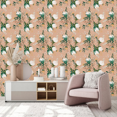 White Flowers On Orange Wallpaper