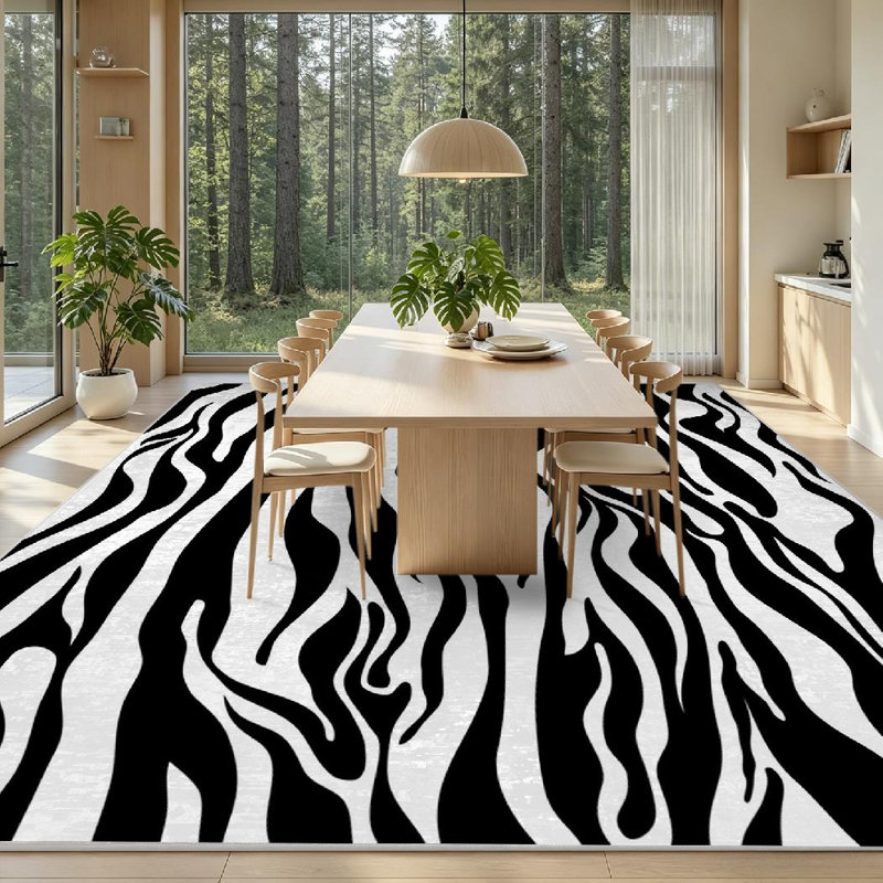 Tapis intérieur noir lavable à la machine, motif peau d'animal avec zèbre et blanc, Rectangle 71 po x 98 po