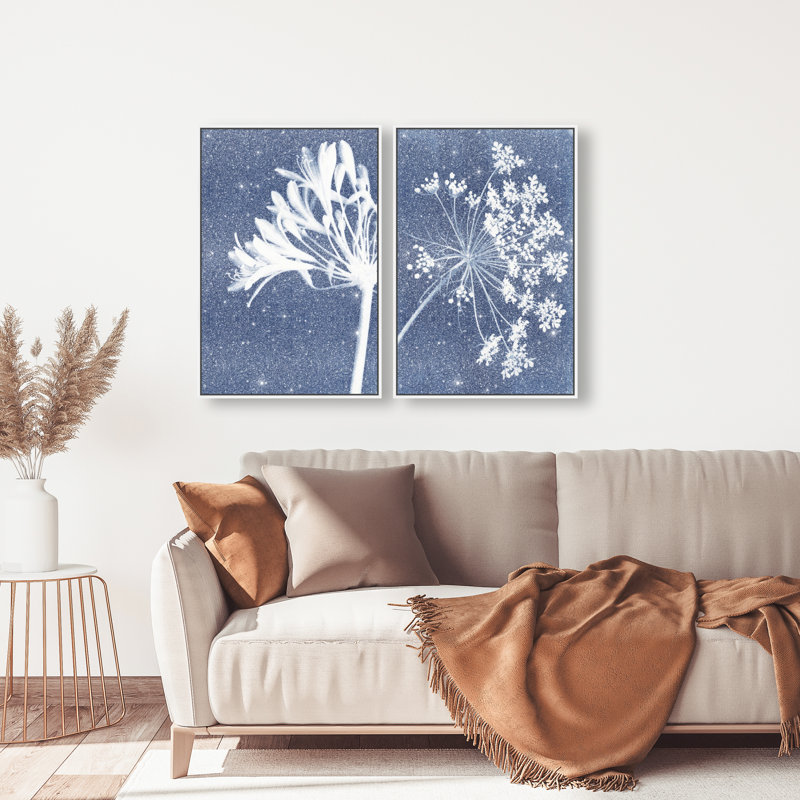 Cyan Flowers Set Set by Oliver Gal, 21"H x 31"W, White Floater Frame