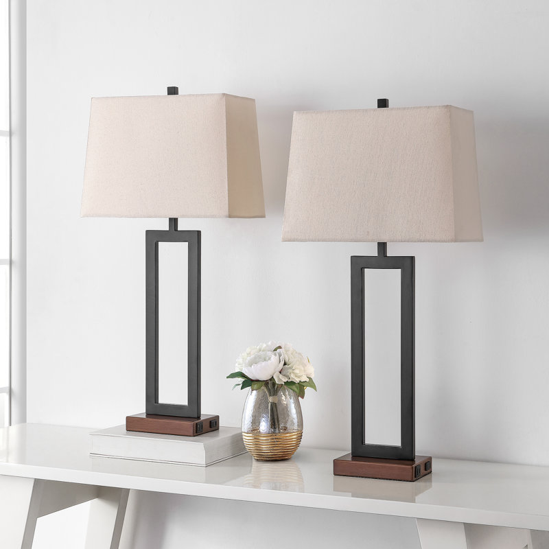 Rogina 28.5" Black Metal Table Lamp Set with USB Type-C Ports and Built-in Outlet, Beige, Brown