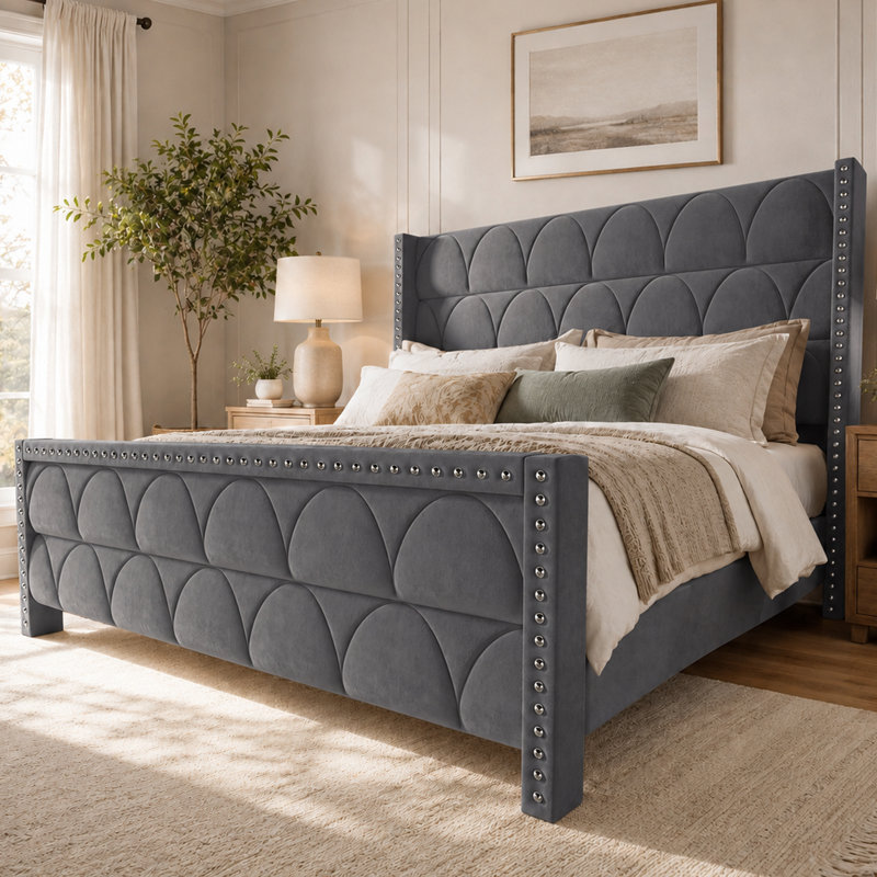 56" Velvet Wingback Bed, Gray, King