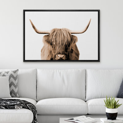 Brown Cute Highland Cow Animals Neutral Warm Pictures Home Decor - Framed Canvas Print Wall Art Work