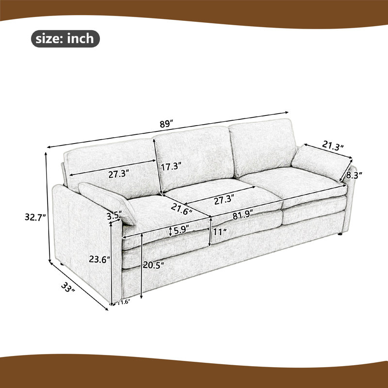 Canapé en chenille 3 places 89 po avec accoudoirs, coussins moelleux, Gris foncé