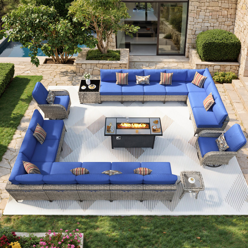 Emroy 16 - Person Outdoor Conversation Set,  Wicker Patio Seating Group with Cushions, All Weather Sectional Sofa Set with Fire Pit for Garden, Backyard
