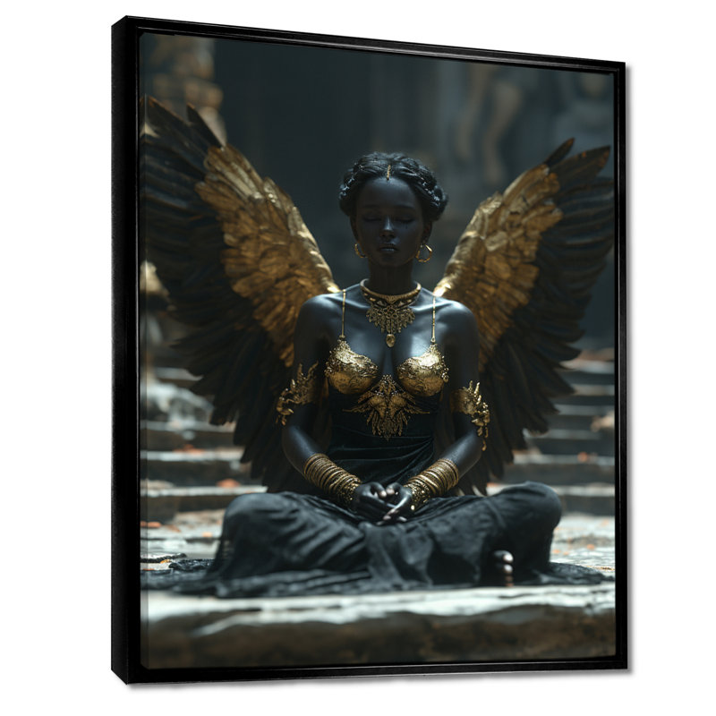 Ange noir et or - salon Wings Angel, Cadre flottant noir, H 32 po x l 24 po