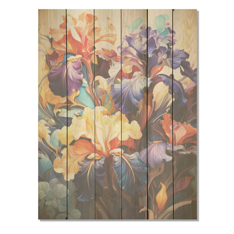 Iris colorés avec leurs courbes distinctives - Art mural en bois d'iris sur bois de pin naturel, H 40 po x l 30 po