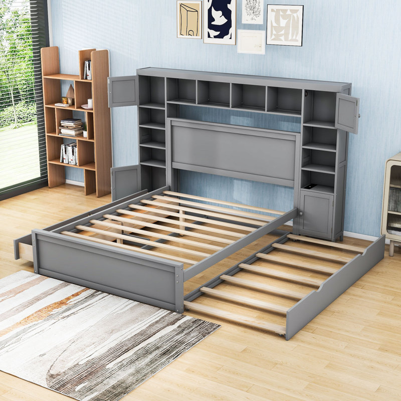 Lit 2 tiroirs en bois avec lit gigogne, armoire de rangement, tablettes et prises intégrées, gris, Grand lit