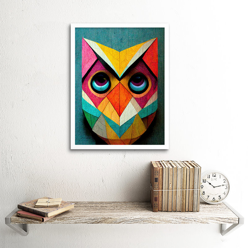 Cute Colourful Geometric Owl Bird - Print, 43cm H x 33cm W x 2cm D, White Framed Paper
