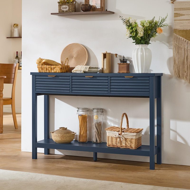 Console en bois cannelé à 3 tiroirs, Bleu marine foncé