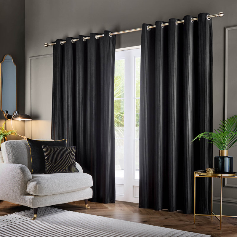 Corinthian Polyester Room Darkening Grommet / Eyelet Curtain Panel Pair, Black, 90cm Width x 137cm Drop
