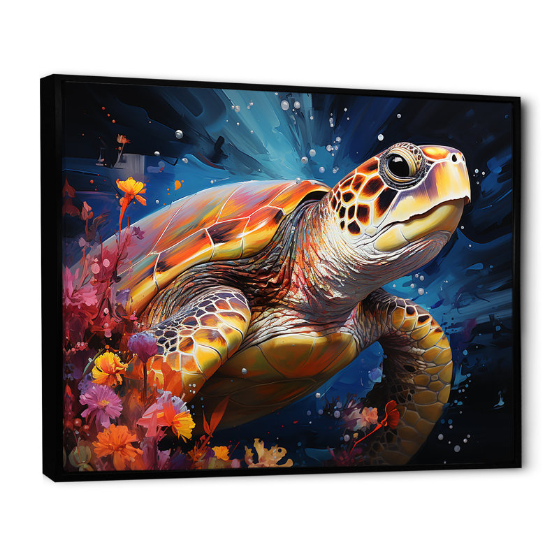 Tortue sereine sous l'eau, Cadre flottant noir, H 30 po x l 40 po x P 1,5 po