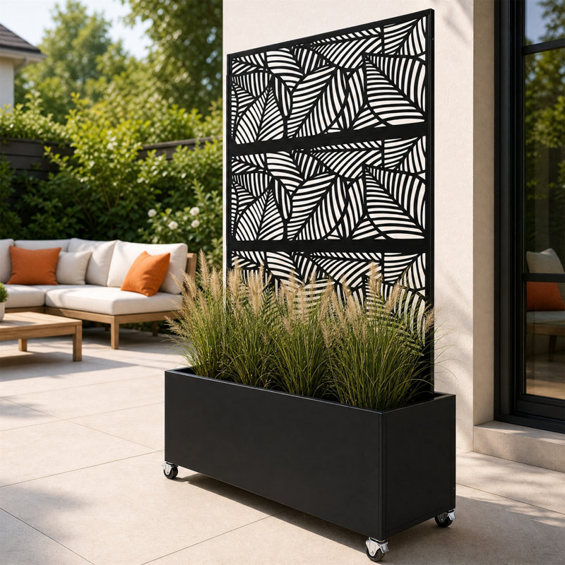 Rolling Privacy Screen with Planter Box, Leaf Pattern Metal Divider, Lockable Casters, Black