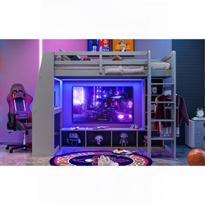 Lit mezzanine en bois avec bureau, étagères à rangement multiples, DEL et portemanteau suspendu