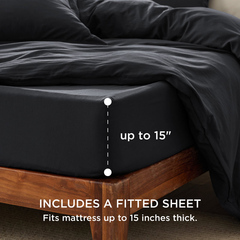  Bedsure Duvet Cover Queen Size with Fitted Sheet - 4 Pieces Prewashed Cotton-Like Extra Soft Bedding Set, Black