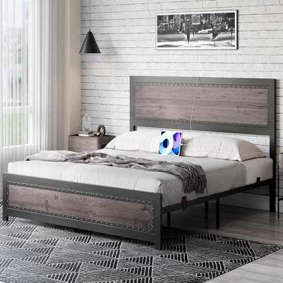 Bed Frame with Charging Station, Industrial Design Platform Bed Frame with Headboard and Metal Slated Frame, No Spring Box Need, Easy Assembly, Grey