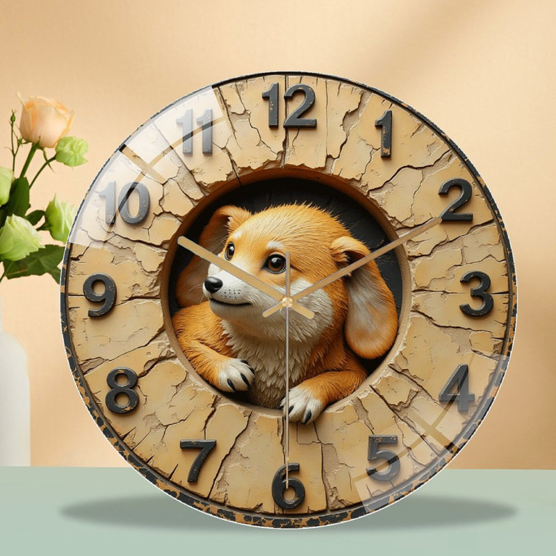 Cute Dog Clock Wall Art Decorative Home Décor Art - 12'' Modern Glass Wall Clock