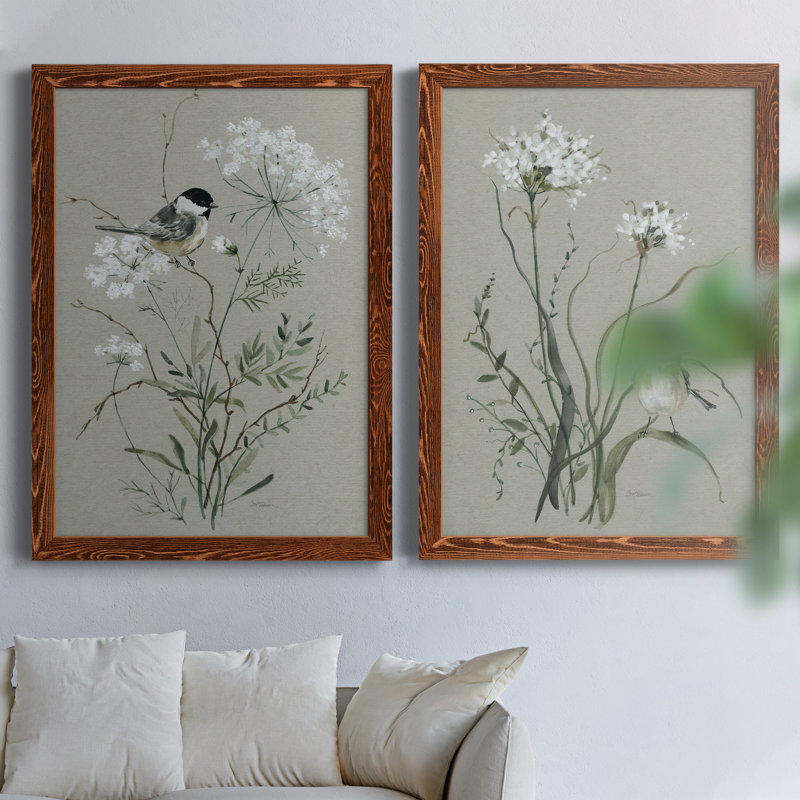 Bouquet Of Grace Bird I - ensemble de 2 peintures sur toile encadrées, Cadre en érable, H 37,5 po x l 55 po x P 1,5 po