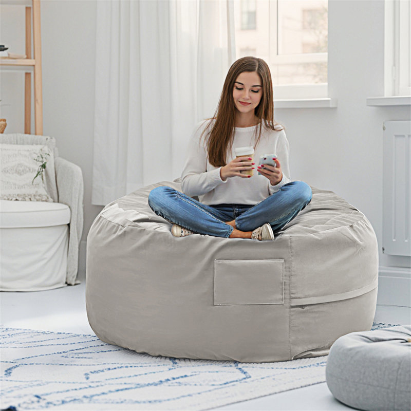 Beanbag Chair, Gray Fabric, 22" H x 35.8" W x 35.8" D