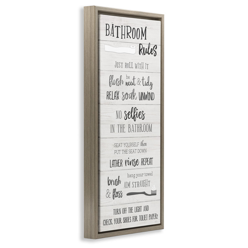 «Fun Bathroom Rules», art mural encadré sur toile flottante par Natalie Carpentieri, Cadre flottant orme Montalcino