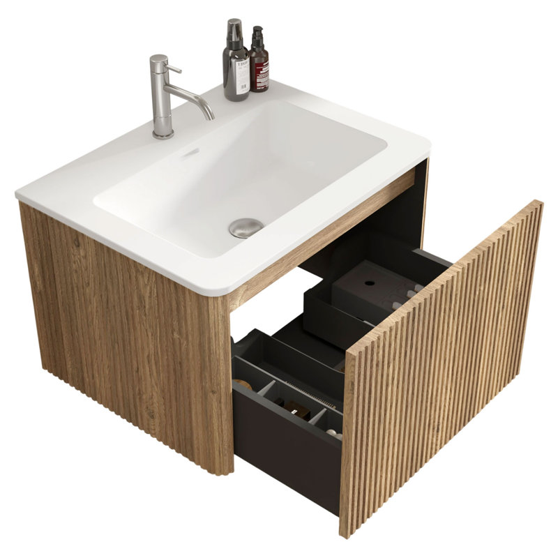 Meuble-lavabo suspendu de 61 cm avec lavabo en surface solide blanche, armoire de salle de bain murale en chêne miel rayé, meuble-lavabo moderne préassemblé