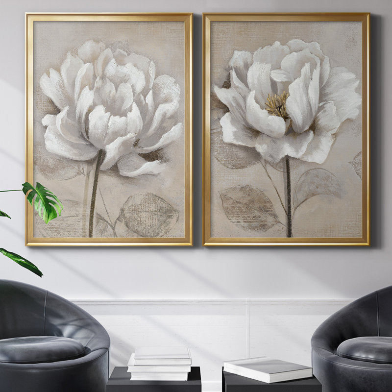 "Soft White I", ensemble de 2 reproductions d'art, Toile avec cadre photo sans passe-partout, H 18,5 po x l 49 po, Gold