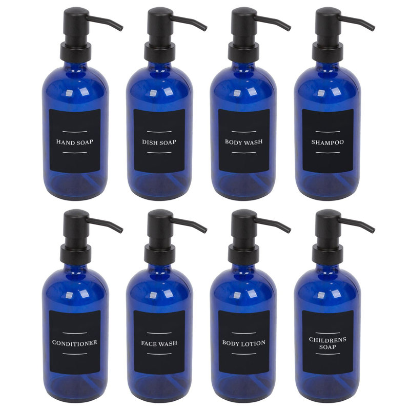 Glass Soap Dispensers with Labels - 500ml, Blue/Black